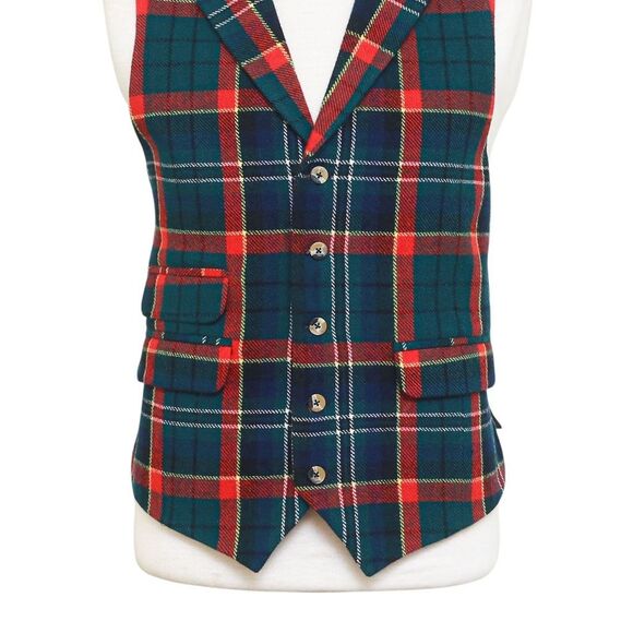 Mens Tartan Plaid Vest 44R Green Blue Red Lambswool Waistcoat XL Formal Wedding - Picture 5 of 9